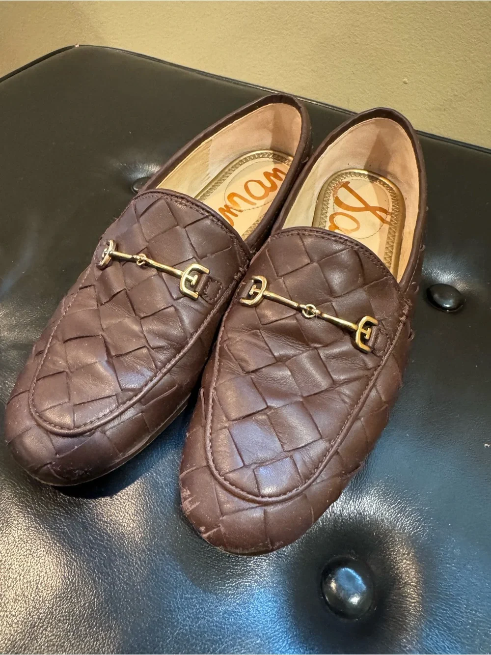 Sam Edelman Brown Woven Leather Loafers with Gold Bit